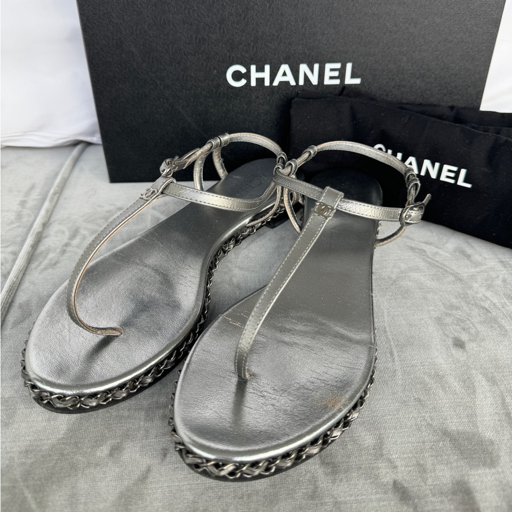 Chanel Silver Metallic Thong Sandals with Chains